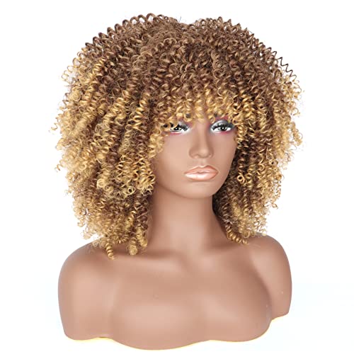 PORSMEER Curly Afro Wigs for Black Women Short Kinky Curly Wigs with Fringe Premium Synthetic Hair Full Fluffy Wig for Ladies Daily Wear or Cosplay Party,14inch Brown Mix Blond - Image 4