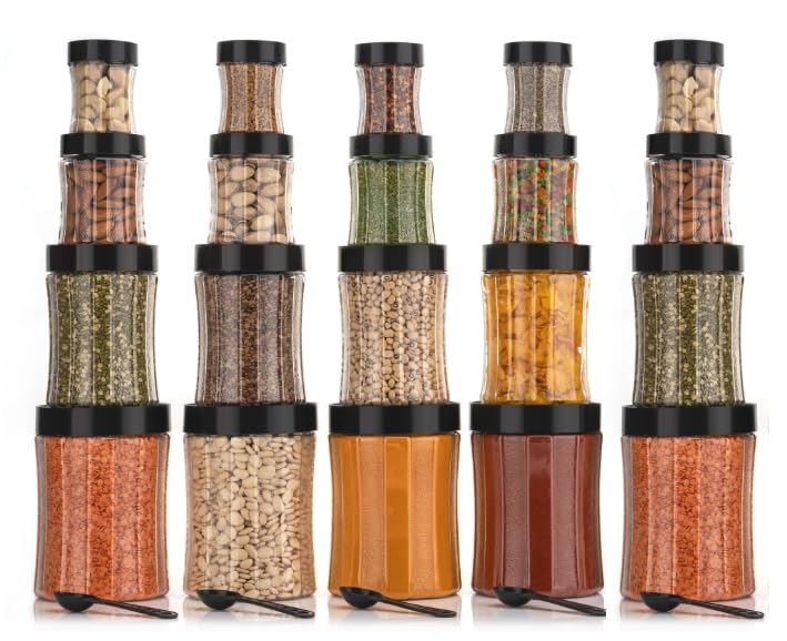 Image of Black Olive Storage Organizer Container Set - Transparent Jar Set for Kitchen with Lids & Spoons, 1200ml, 650ml, 350ml & 250ml Dabba Box for Spices, Snacks, Grocery & Dry Fruits (Black, 20pc)