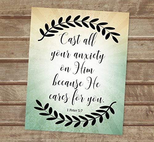 Cast All Your Anxiety On Him, 1 Peter 5:7, Inspirational Art Print, Unframed Print, 8"x10" Art Print, Bible Verse Art Print, Christian Wall Art Poster, Laurel Leaves, P690