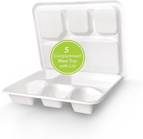 Miniatura 54 de three leaf 6 COMPARTMENT BAGASSE TRAY 400 Ct. Heavy-Duty- Super Strong- Natural- Eco-Friendly Disposable Bagasse Plates, 100% Biodegradable 6