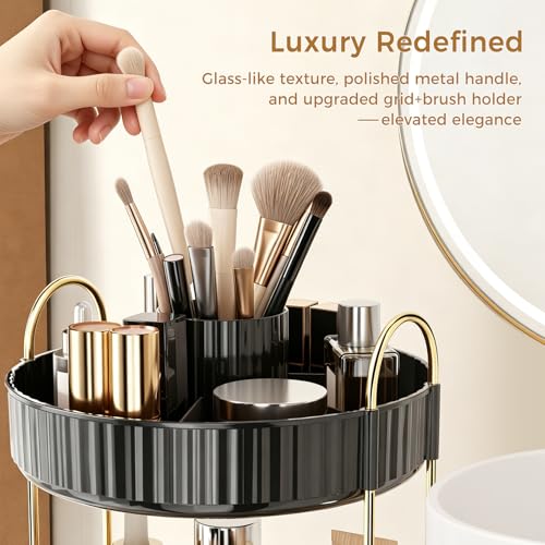 Image of 360 Rotating Makeup Organizer, Upgraded 3 Tier Skincare Perfume Organizers for Women, Bathroom Organizer Countertop, Clear Cosmetic Dresser Organizer with Makeup Brush Holder, Sink&Counter(Black)