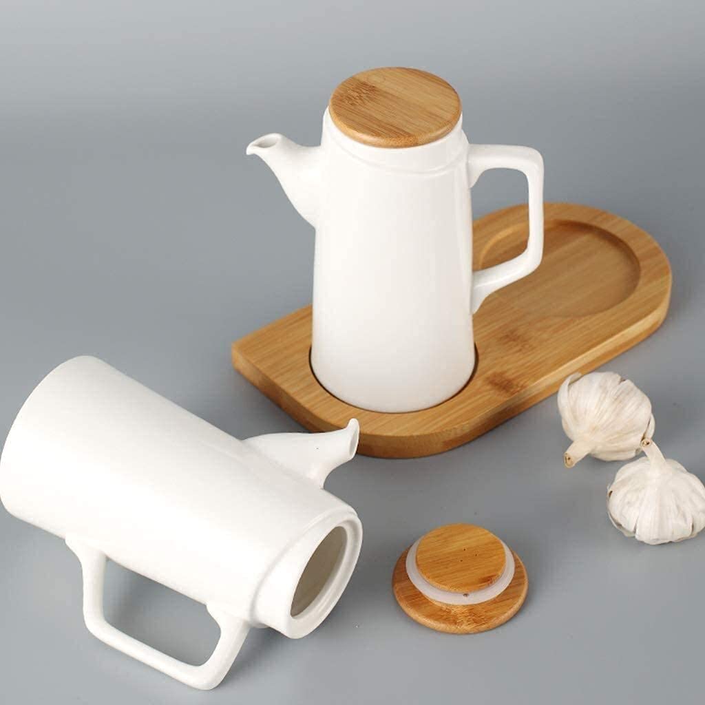 Dispensador de Aceite y vinagre, Botella de 500 ml para vinagre, Aceite de cerámica, Salsa de Soja, Tapa de Madera a Prueba de Polvo.