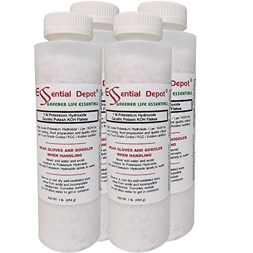 Essential Depot Potassium Hydroxide Flakes KOH 4 lbs (4 x 1lb Container) Caustic Potash Anhydrous KOH Dry Electrolyte - HDPE Container with Resealable Child Resistant Cap