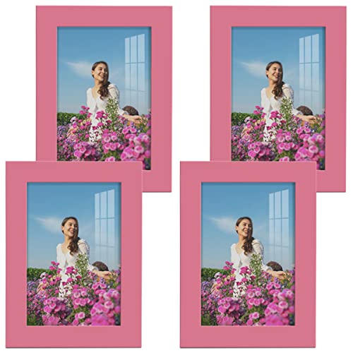 Renditions Gallery Photo Frames 5x7 inch Picture Frame Set of 4 High-end Modern Style, Made of Solid Wood and High Definition Glass Ready for Wall and Tabletop Photo Display, Hot Pink Frame