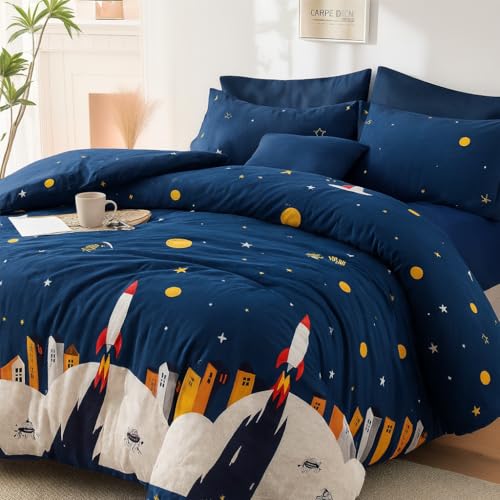 Image of Anjali Overseas 200 GSM 400 TC Kids Glace Cotton Reversible Cartoon Printed Double Bed King Size Comforter with Matching Bedsheet 90 * 100 with 2 Pillow Covers Set of 4 Pieces. Multi C