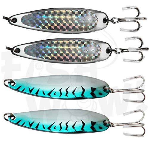 4pcs Fish WOW! 3oz Fishing Spoons with a Treble Hook - Silver Tape & Blue Mackerel