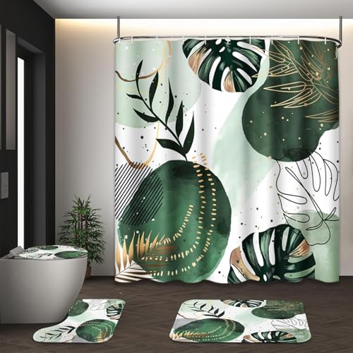 Tayney Sage Green Boho Shower Curtain Set with Toilet Lid