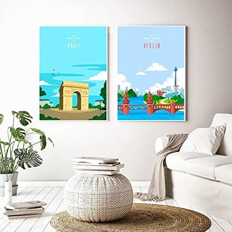 Amazon アートパネルキャンバス絵画インテリアウォールアートパネルワールドは 建物のイラスト を描くことを試みています北欧のポスターは リビングルームのミニマリストアートパネルを印刷します 40x60cmx2 フレームレス ウォールステッカー オンライン通販