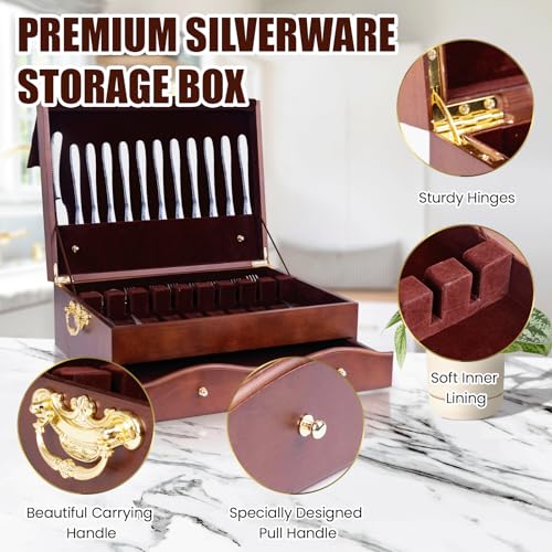 Silverware Storage Box,2 Layers Wooden Silverware Chest with Drawer,Silverware Case with Handle and Felt Lined,15.35\" x 11.41\" Flatware and Utensil Organizer for Kitchen,Black(Flatware Not Included)