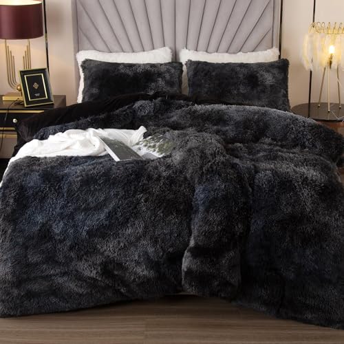Image of EMME Luxury Fuzzy Duvet Cover Set Queen Size Fluffy Comforter Cover Set for Queen Bed 2 Pieces Shaggy and Plush Soft Bedding Duvet Covers (Tie Dye Black, Queen)