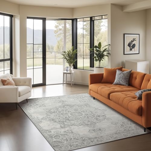 Livabliss Kuta Vintage groß - Orientalischer Wohnzimmer 160x220 cm, Esszimmer, Schlafzimmer - Boho Kurzflor e für einfache Pflege - Grau und Elfenbein