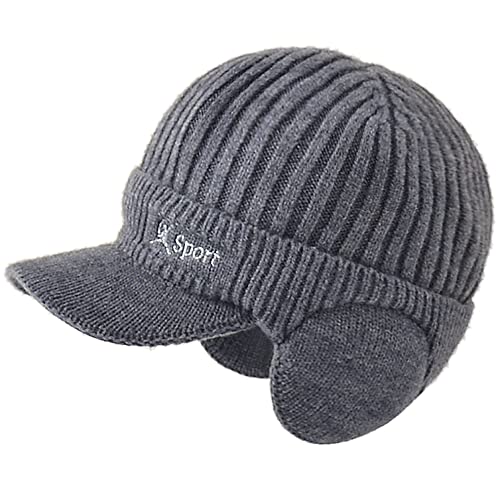 WANYIG Winter Strickmütze Baseballmütze Herren mit Ohrenklappen Schirmmütze Wintermütze Baseballcap Winter Dicke Mütze Warme Beanie Mütze Wolle mit Fleecefutter Visor (Dunkelgrau) Cover