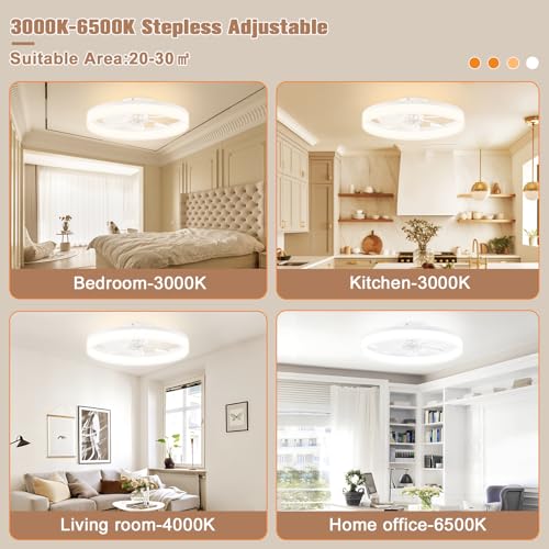 Image of VOLISUN Low Profile Bladeless Ceiling Fans with Dimmable LED Light, 23.6in Flush Mount for Bedroom (White)