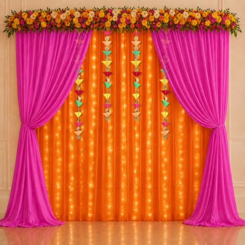 Image of Party Propz Pink Orange Ganpati Decoration Setup for Home - 12Pcs Ganpati Backdrop Decoration with Hanging & Lights, Varamahalakshmi Decorative Items, Janmashtami, Pooja Backdrop Cloth, Haldi Decor