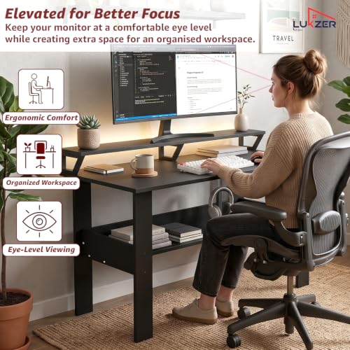 Image of Lukzer Study Table with Monitor Riser & Open Book Shelf (MST-004 /Black) Engineered Wood Computer Table for Laptop, PC & Home Office, DIY Office Desk with Storage Organizer Shelf (90 x 86 x 50 cm)