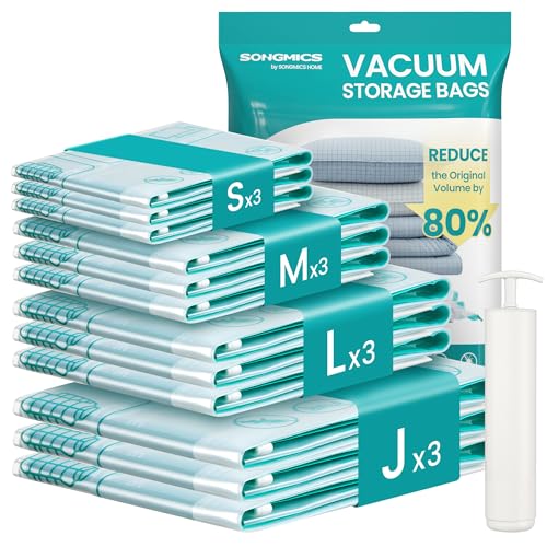 SONGMICS Housses de Rangement sous Vide, Sacs sous Vide pour Vêtement, Drap, Placard, Voyage, Gain de Place, Réutilisable, avec Pompe Manuelle, Lot de 12,...