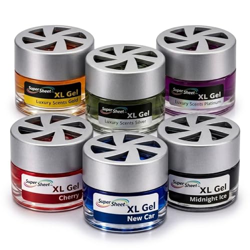 Super Sheet XL Gel Car Air Freshener, Luxury Glass Jar Auto Fragrance, Long Lasting Gel Diffuser for Car, Home & Office (6-pack, Cherry + New Car + Midnight Ice + Gold + Silver + Platinum)