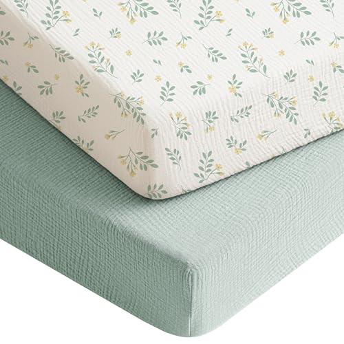 Image of Konssy Muslin Crib Sheets for Boys, Soft Cotton Neutral Baby Sheets for Standard Crib Mattress 2 Pack, 52"x28" (Leaf,Green)