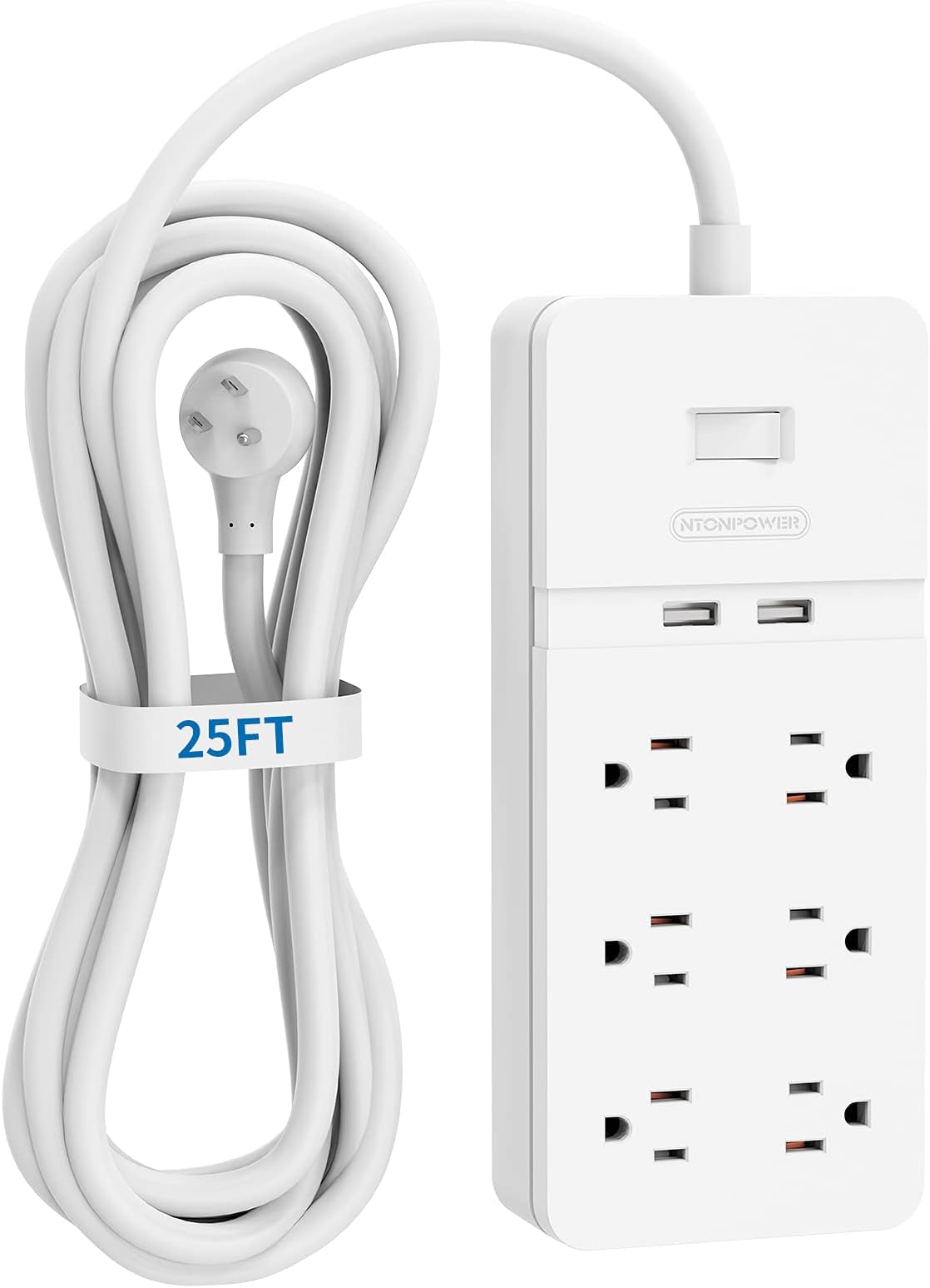 NTONPOWER25 Ft Extension Cord Flat Plug, Surge Protector Power Strip with 6 Outlets 2 USB, 1875W/15A Circuit Breaker Overload Protection, 1080J, ETL Listed, Wall Mount for Home Office and Workbench