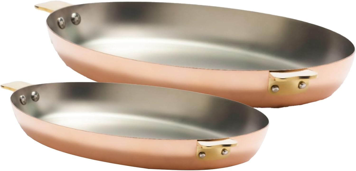 Mauviel M'150 B 1.5mm Polished Copper & Stainless Steel 2-Piece Oval Pan 13.8-in and Oval Pan 11.8-In, Made in France
