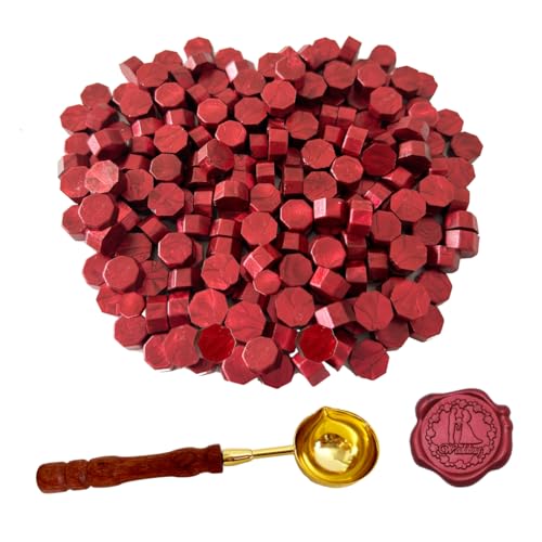 BJOYEE 200 Stück Siegelwachs Rot Siegelwachs Perlen mit 1 Schmelzlöffel achteckiges Wachssiegel-Set für Stempel für Einladungen/Umschläge/Karten/Weinpakete/Geschenkverpackungen (Rot)