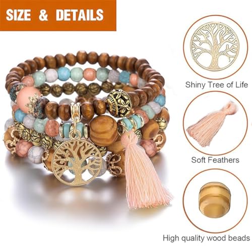 LICHUANUK Bransoletka boho z drewnianymi koralikami, bransoletka czakra dla kobiet, naturalne kryształowe kamienie lecznicze, bransoletka dla kobiet, drzewo życia, charms, [AD], drewno, lina