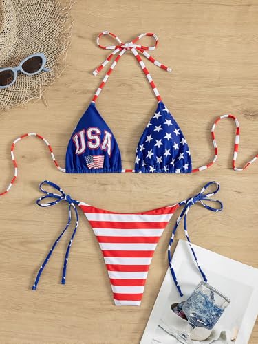 Image of Tainehs Women's Sexy Halter Thong Bikini Tie Two Sides Bottom Triangle Bikini Swimsuits