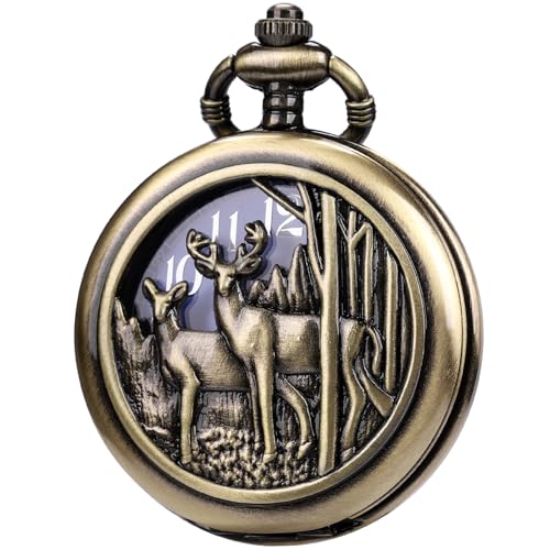 Image of SIBOSUN Pocket Watch with Chain Oversized 50MM 1.96 Inch Deer Reindeer Woodland Men Vintage Box Quartz Pocket Watches Analog