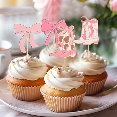 Image of Cowgirl Boots Pink Bow Cupcake Topper,Cowgirl Theme Birthday Decorations | Cowgirl Birthday Party Decor,Boy Or Girl Gender Reveal Cake Topper