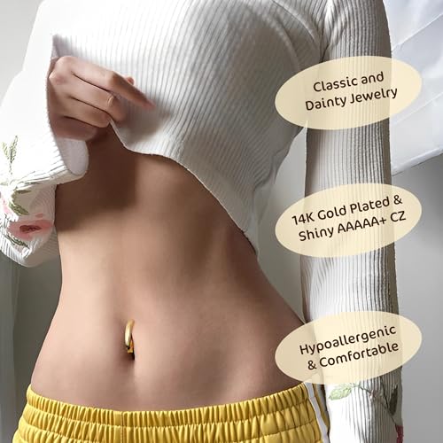 FIBO STEEL 14K Gold Plated Belly Button Ring for Women 316L Surgical Steel Dangle Belly Button Ring Pink Heart Navel Rings Barbell CZ Clicker Belly Piercings Jewelry Dangly 14G3