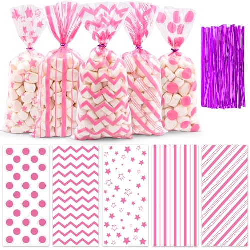 Valentine Cellophane Bags, 50 Pcs Valentines Treat Bags, Pink Goodie Bag Valentines Day Candy Bags, Plastic Valentines Bags Bulk, Valentine Snack Bag With Twist Ties Red Heart For Wedding Party Favor Gift