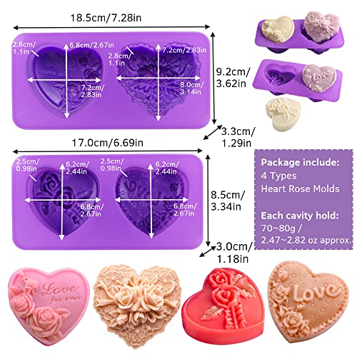 4 Types Rose Heart Soap Silicone Mold 3D Flower Love Shape Fondant Mold Handmade Cake Chocolate Candy Resin Candle Soap Beeswax Floral Craft Valentine's Day Wedding Decor #TOP1
