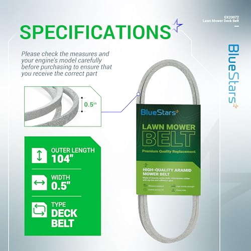 Image of BlueStars GX20072 GY20570 Lawn Mower Deck Belt | Aramid Cord | 104in x 1 /2 | Deck Belt for 42 inch John Deere Deck LA100 LA105 LA110 LA120 LA125 LA135 D130 D105 D110 S100 E100 Mowers