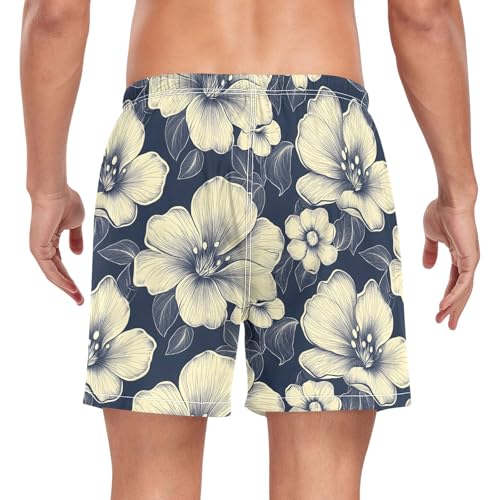 Mens Swim Trunks with Liner, Flower Line Cool Quick Dry Beach Swim Shorts, Swimwear Bathing Suits S2