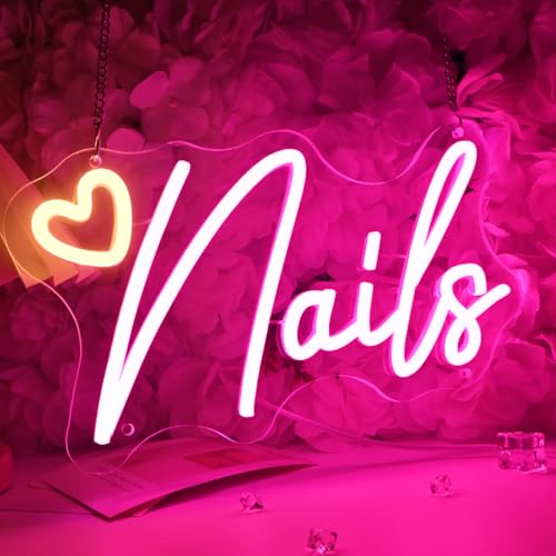 Image of SYLHOME Led Neon Light Sign Nails With Heart Nail Studio Beauty Salon Business Makeup Room Wall Sign Decor Birthday Party Backdrop 11.81 inch X 6.7 inch USB