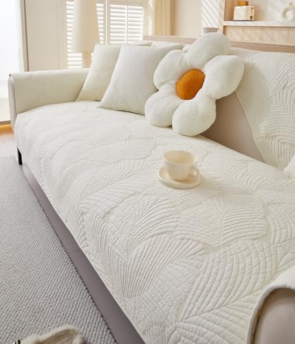 vctops Soft Cotton Quilted Couch Cover Neutral Leaf Embroidery Sofa Cover Anti Slip Sectional Couch Covers Washable Sofa Slipcover for Dogs, Children, Pets Furniture Protector (Beige White,36"x36")