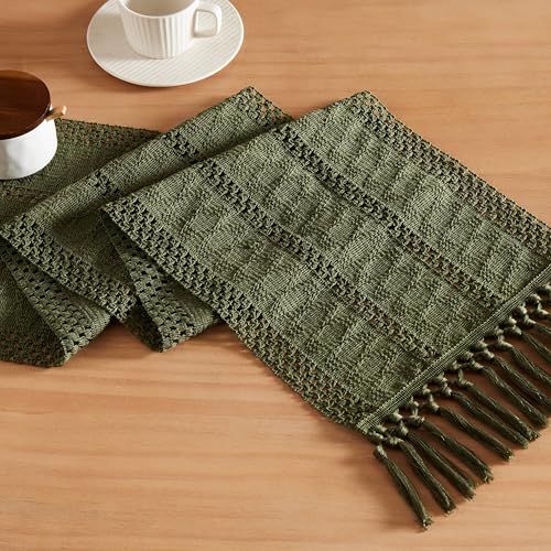 Image of ZeeMart Macrame Style Boho Table Runner, 12x108 Inch Olive | Woven Boho Table Runner with Handmade Tassels, Crochet Hollow Table Scarf, Farmhouse Kitchen Home Decor Dresser Runner