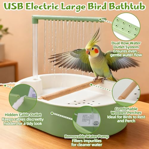 Parrot Shower for Cage, Automatic Parakeet Bird Bath with Circulating Water, USB Charging Quiet Pump Detachable Bathtub, for Small & Medium Birds Budgie, Cockatiel, Lovebird, Conure, Parrotlet, Quaker