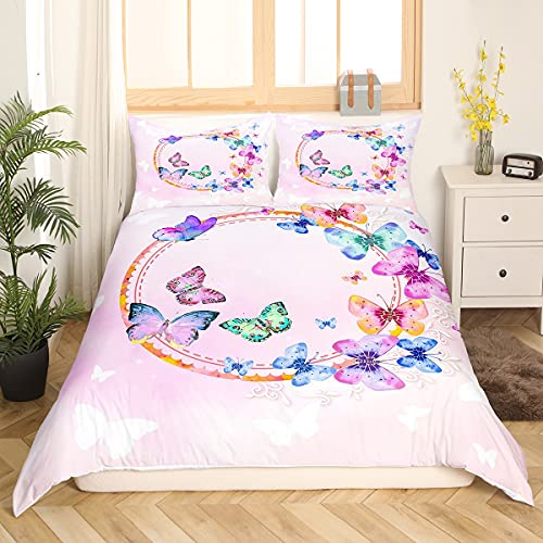 Homemissing Parure Papillon Housse de Couette Imprimé Papillons Colorés Parure de Lit 140x200cm Girly Rose Housse de Couette 3D Thème Animalier Décoration...