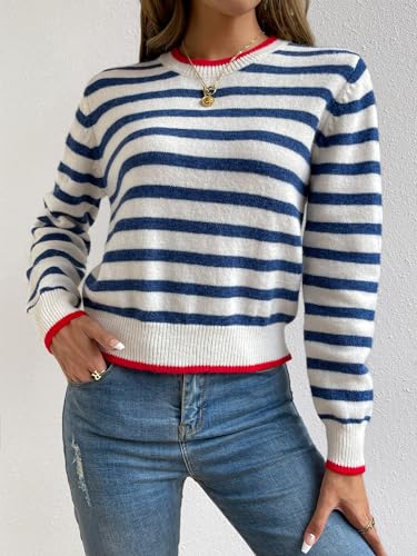 Floerns Women's Striped Print Long Sleeve Contrast Trim Casual Sweater Top3