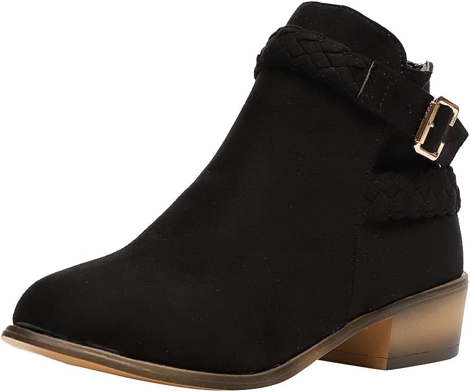 HAPPIShare Madeline Western Almond Round Toe Slip on Bootie - Low Stack Heel - Zip Up - Casual Ankle Boot