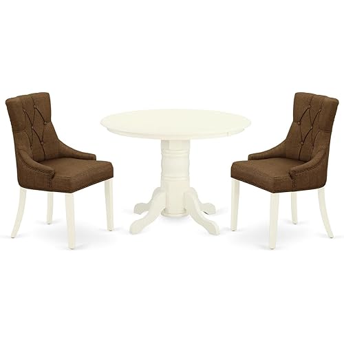 East West Furniture SHFR3-WHI-18 3 Piece Dining Table Set Contains a Round Dining Room Table with Pedestal and 2 Brown Linen Linen Fabric Parsons Dinette Chairs, 42x42 Inch, Linen White