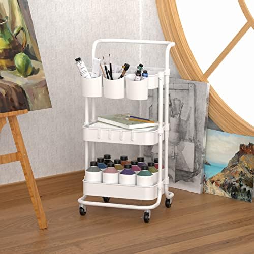 alvorog 3 Tier Rolling Utility Storage Cart Multifunction Trolley with Handles and Roller Wheels Craft Cart for Bedroom, Kitchen, Office, Bathroom (White)