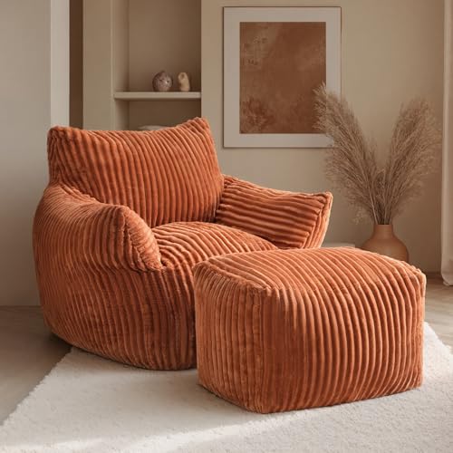 JULY'S SONG Pouf Velours Côtelé, Fauteuil Lounge avec Repose-Pieds, pour Adulte, 96x95x79 cm, Orange, Style Moderne, Rembourrage Mousse Haute Densité, Velours Côtelé