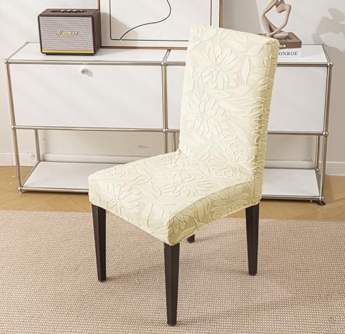 Image of House of Quirk Stretchy Universal Camellia Jacquard Waterproof Chair Cover Removable & Washable Short Dining Chair Cover Protector Seat Slipcover (Beige,Pack of 4)