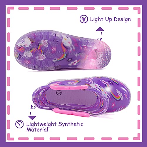 Outee Toddler Girls Rain Boots Little Kids Baby Light Up Printed Waterproof Mud Insulated Shoes Unicorn Rainbow Lightweight Rubber Adorable with Easy-On Handles Non Slip (Size 5,Purple) - Thumbnail 3