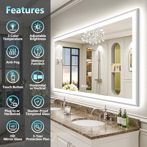 Image of 72x36 Brushed Nickel LED Bathroom Mirror with Lights, Backlit & Front-Lit, Anti-Fog, Framed Lighted Vanity Mirrors for Bathroom Wall, Dimmable, 3 Colors, Memory, Shatter-Proof, Tempered Glass