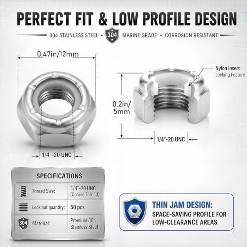 Image of Shimeyao 50 Pack 1 /4-20 Thin Nylon Insert Lock Nuts,Silver | 304 Stainless Steel Low Profile Jam Locknuts, Unc 20 Tpi, Rust Resistant Fasteners for Bolts