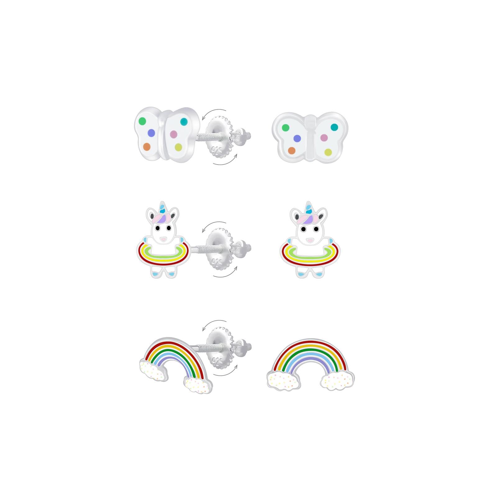 MONKIMAU - Regenbogen Motiv Kinderschmuck Set 925 Sterling Silber - Ohrstecker-Set - Schmuckset Mädchen, Schmuck Kinder, Kinder Schmuck, Schmuck Mädchen hypoallergen