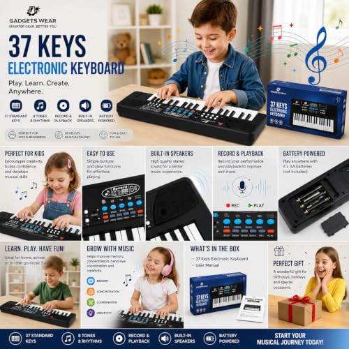 Image of GADGETSWEAR Kids Piano Keyboard With Microphone, 37 Keys, 8 Rhythms, 8 Tones, 6 Demos Portable Electronic Keyboard ,Toy Beginners Educational Songs Recording, Musical Toys For 2 3 4 5 Years Boys Girls